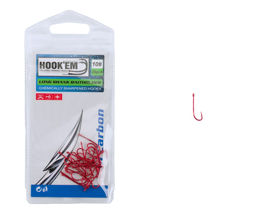 Hook'em Long Shank Baitholder Hook Red - Prepack
